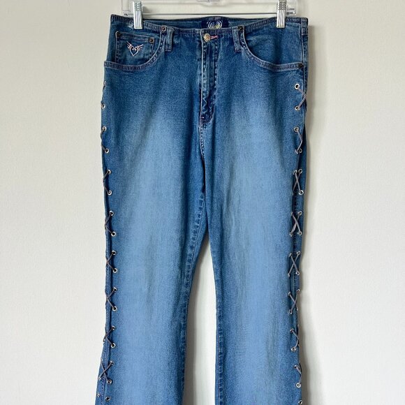 Vintage Y2K Jeans Flared Leg Lace Up Hippie Boho Festival Stretch Denim - Picture 1 of 8